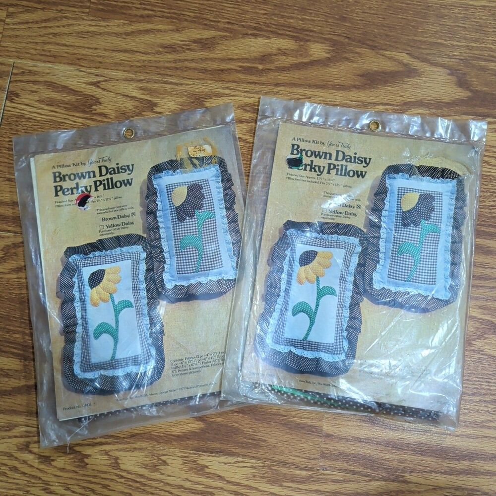 [Lot of 2] Yours Truly Brown Daisy Perky Pillow Kit 1977 Vintage
